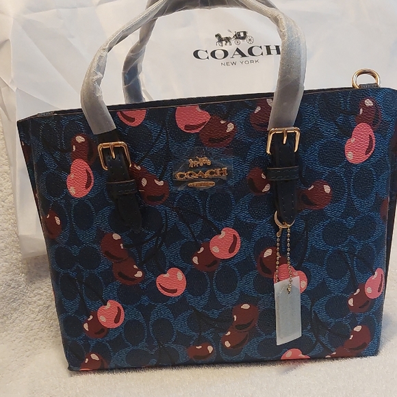 Coach Cherry Print Blue and Pink Tote - Picture 1 of 7